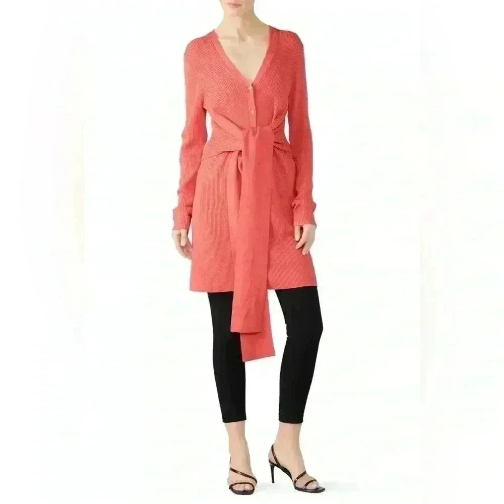 Tome Tie Front Color Block 100% Merino Wool Cardigan Sweater Dress Size XL